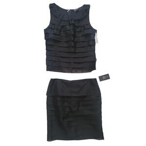 NEW Etcetera Luxury Black Silk Tiered Matching Set Sleeveless Top and Skirt NWT